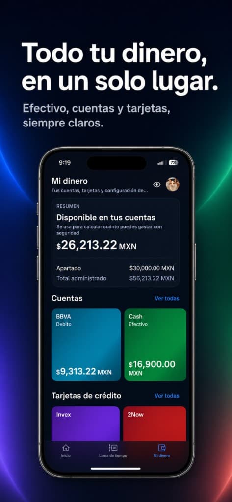 Nivio money overview screen showing accounts, cash, debit, and credit cards.